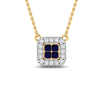 Cadena y Colgante Cuadrado Zafiro con 16 Diamantes Creados 0.18 en Vermeil