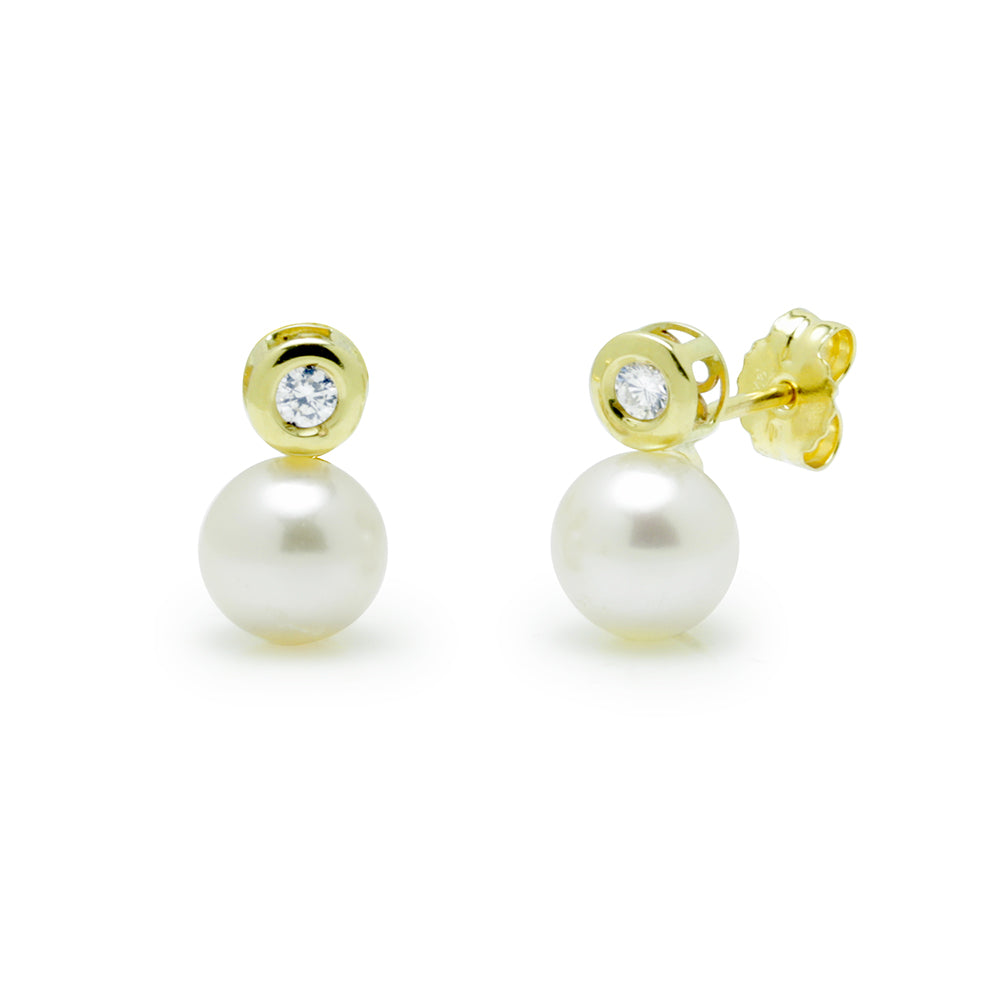 Pendientes Tu y Yo con Perla Redondo y Diamante Creado 0,06 en Oro Amarillo 9 Kilates