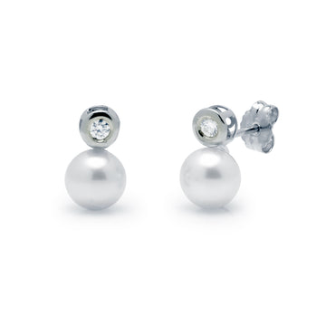 Pendientes Tu y Yo con Perla Redondo y Diamante Creado 0,06 en Oro Blanco 9 Kilates