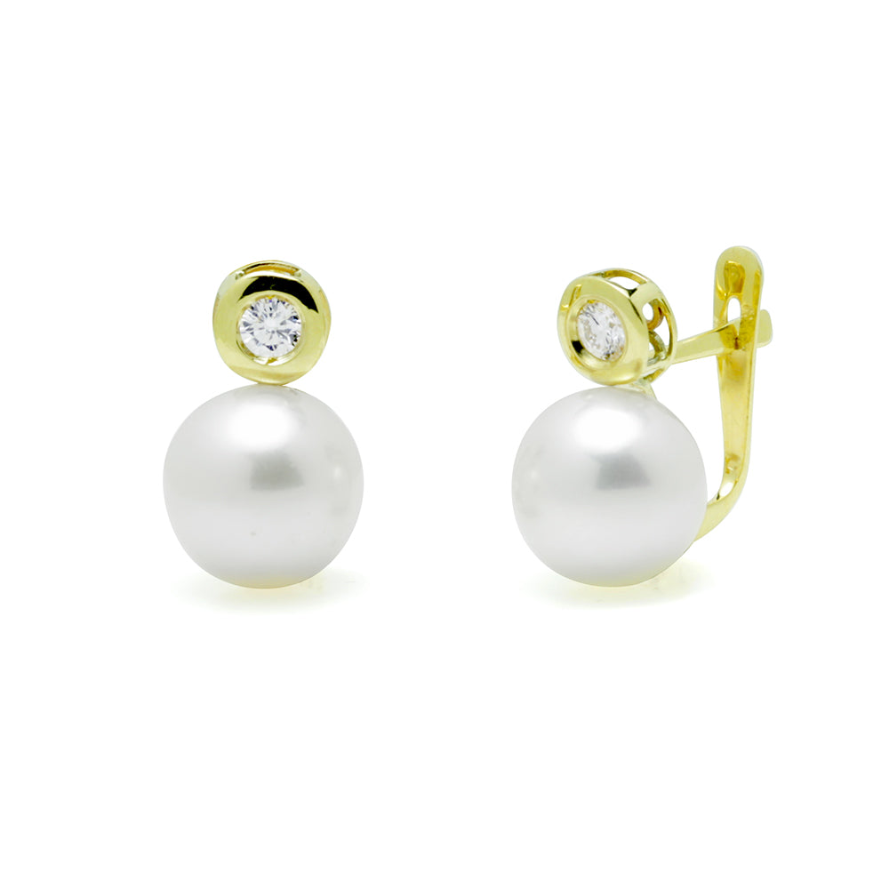 Pendientes Tu y Yo con Perla Redondo y Diamante Creado 0,13 en Oro Amarillo 9 Kilates