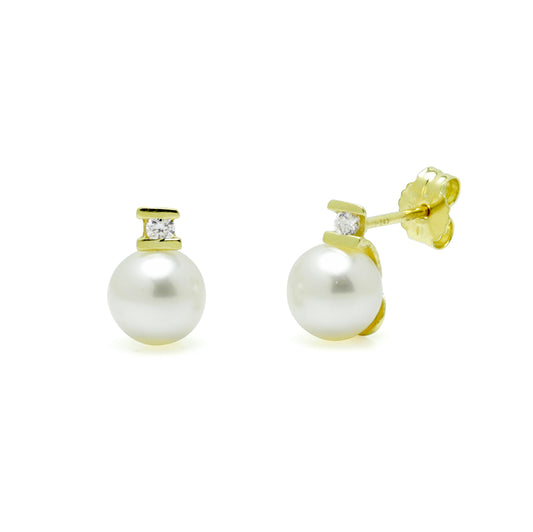 Pendientes Tu y Yo con Perla 2 Barras y Diamante Creado 0,05 en Oro Amarillo 9 Kilates