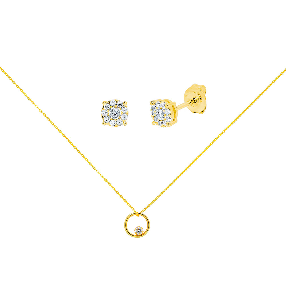 Conjunto de Cadena y Colgante mas Pendientes con Diamante Creado en Oro Amarillo 9 Kilates