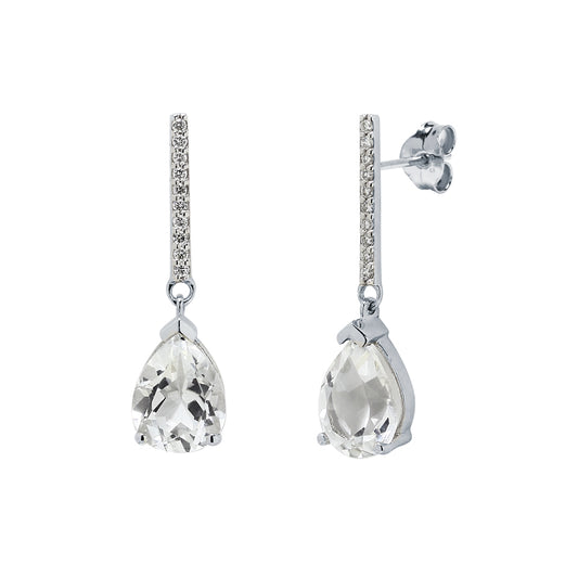 Pendientes Largos Lagrima Topacio con Diamantes Creados de 0,10 Quilates en Oro Blanco
