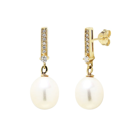 Pendientes Largos Perla con Diamantes Creados de 0,186 Quilates en Oro Amarillo