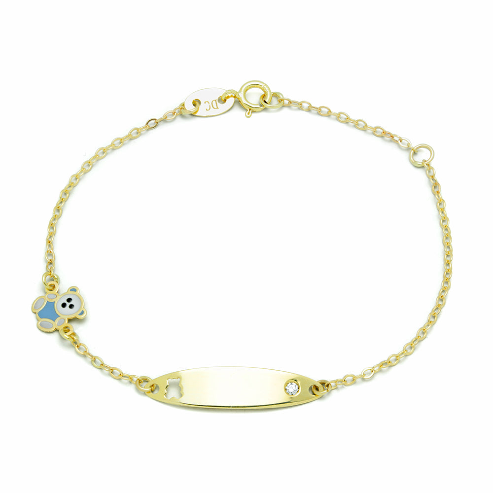 Pulsera Bebé Nomeolvides Oso Esmaltado con Diamante Creado en Oro Amarillo 9 Kilates