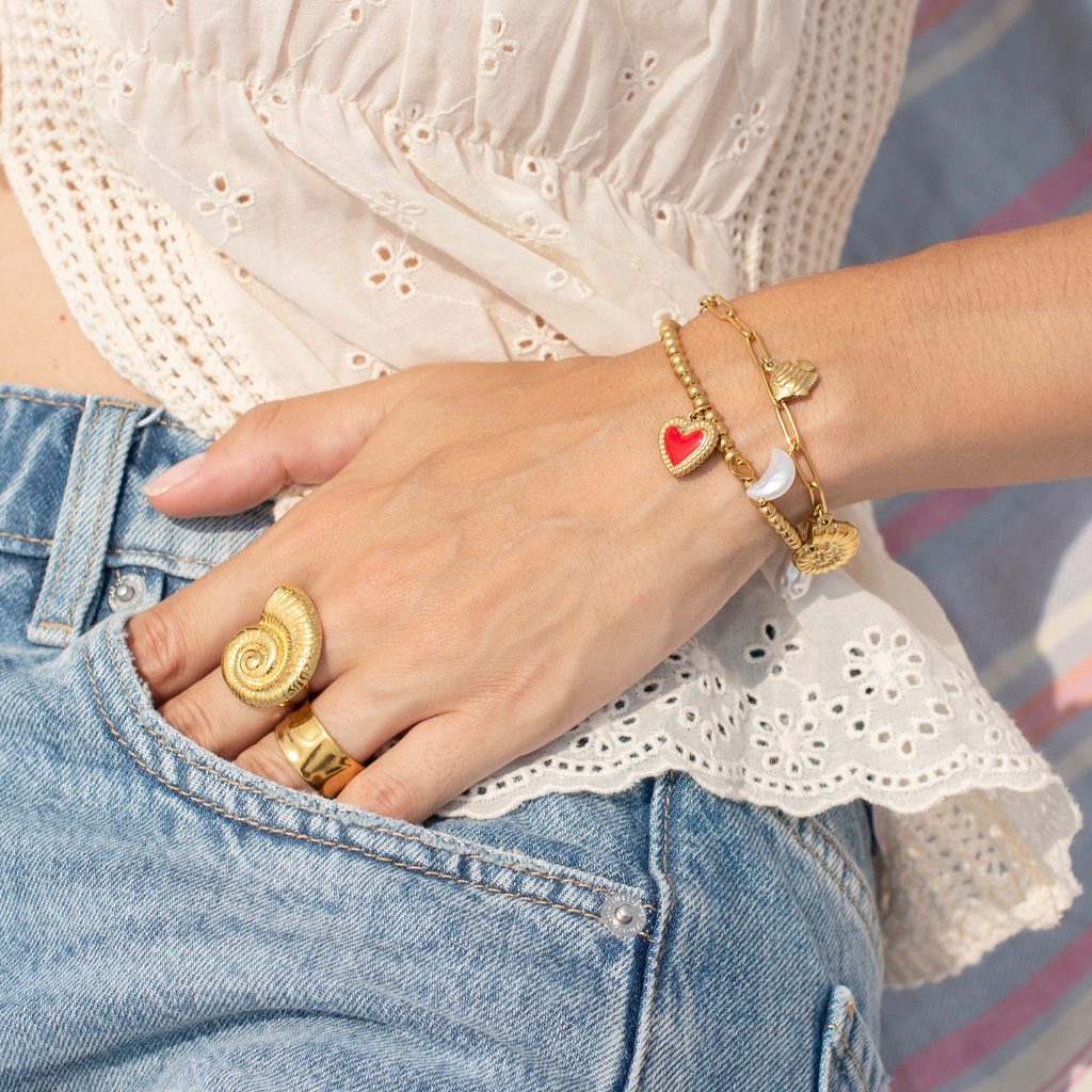 Pulsera Elástica de Acero con Bolas y Corazón Esmaltado