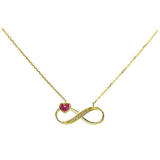 Cadena y Colgante Infinito Corazón con Circonitas Color en Oro Amarillo de 9 Kilates