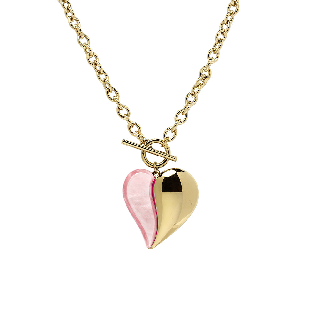 Gargantilla Ancha Tesi de Acero con Medio Corazón Rosa