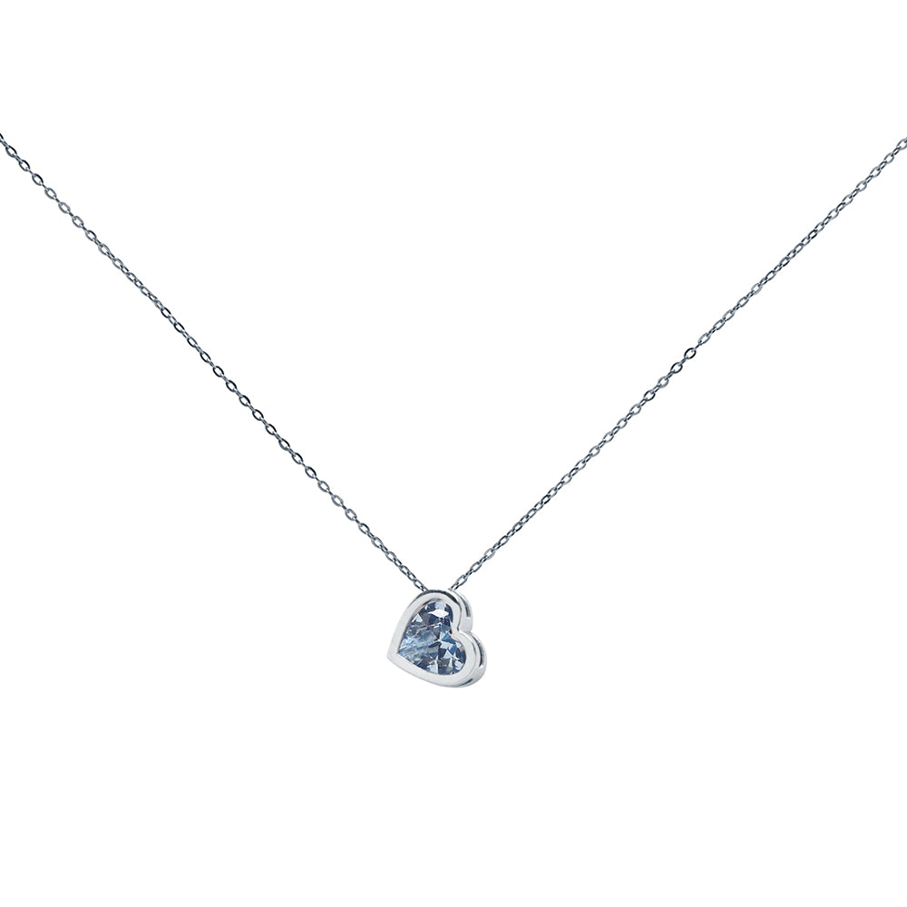 Cadena y Colgante Corazón de Circonita Aguamarina en Oro Blanco de 9 Kilates
