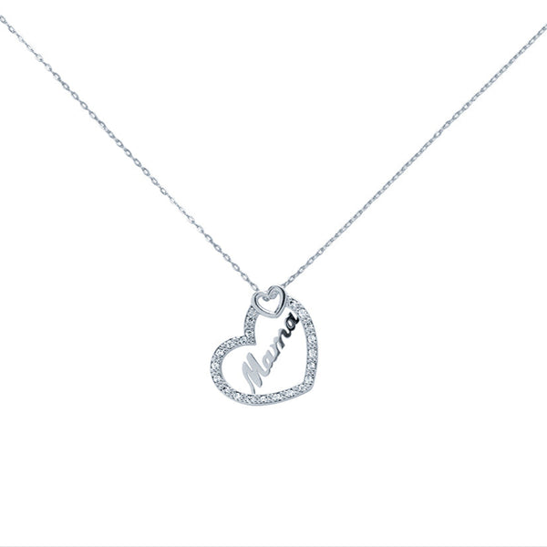 Cadena y Colgante Mamá Corazon (15x13) con Circonita en Oro Blanco 9 Kilates