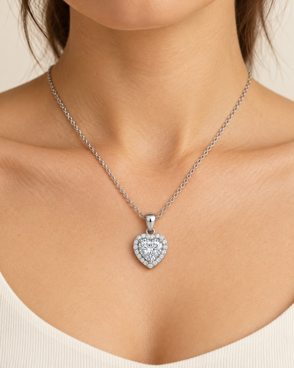Gargantilla Corazón de Plata de Ley 925 con Moissanita, detalle de la joya puesta
