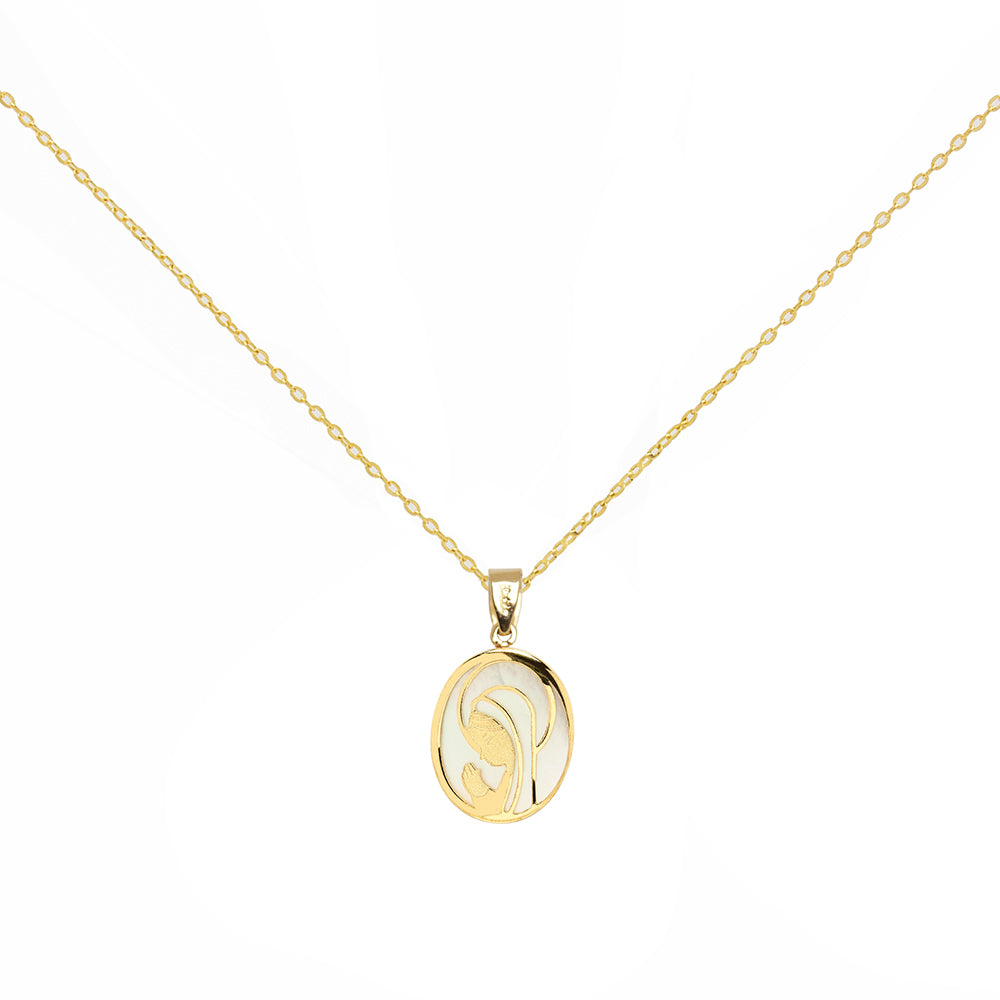 Medalla Oval de la Virgen de Oro de 9 Quilates con Nácar