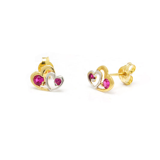 Pendientes Doble Corazón Circonita Rubí en Oro Bicolor 9 Kilates