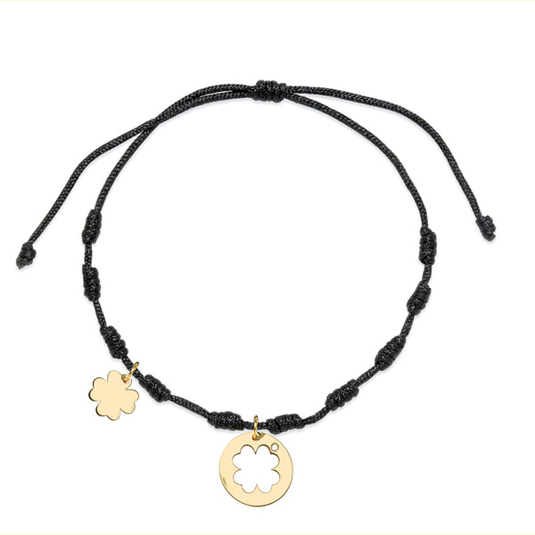 Pulsera Hilo Nudos Negra Tréboles con Diamante en Amarillo 9 Kilates