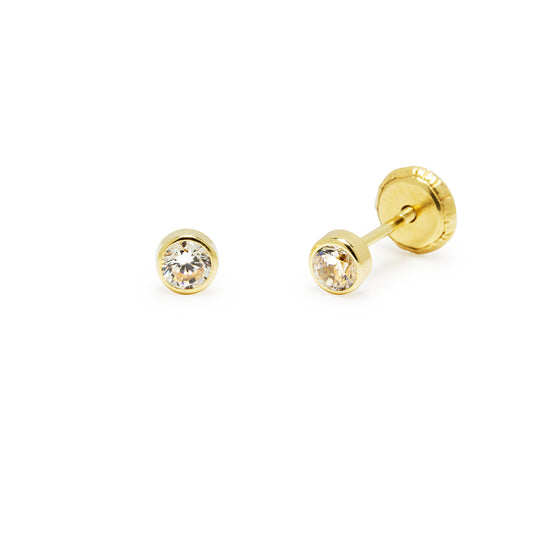 Pendientes Bebé Chatón Redondo con Circonita Blanca 3,5x3,5mm en Oro Amarillo 9 Kilates