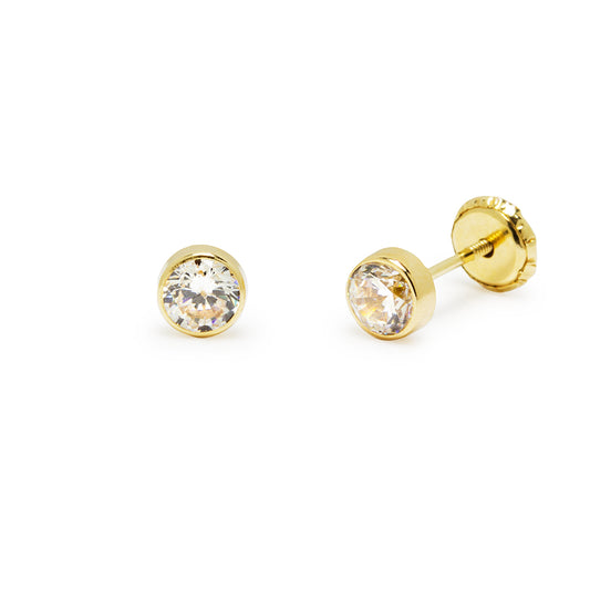 Pendientes Bebé Chatón Redondo con Circonita Blanca 4,5x4,5mm en Oro Amarillo 18 Kilates