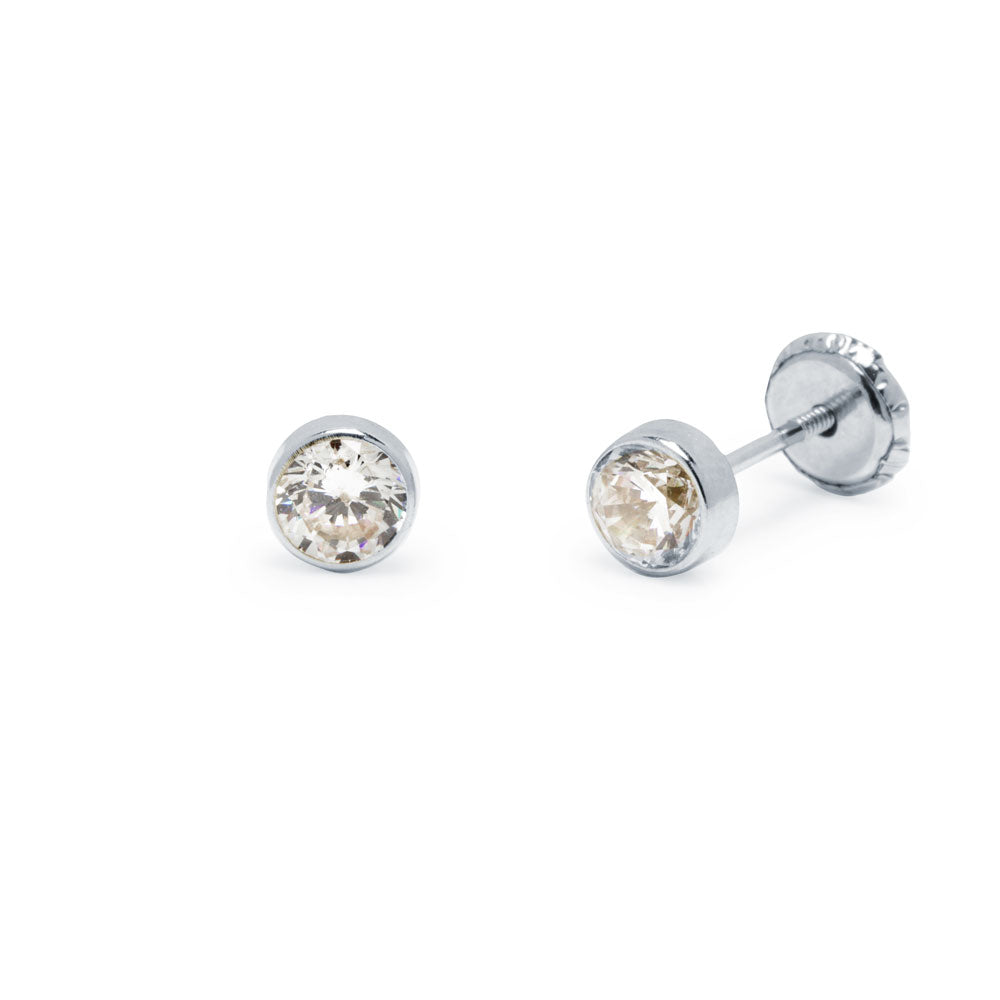 Pendientes Bebé Chatón Redondo con Circonita Blanca 4,5x4,5mm en Oro Blanco 18 Kilates