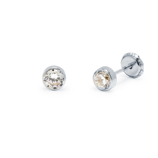 Pendientes Bebé Chatón Redondo con Circonita Blanca 4,5x4,5mm en Oro Blanco 9 Kilates
