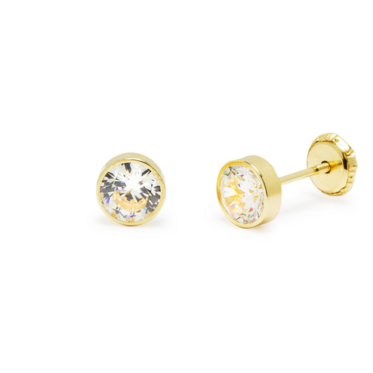 Pendientes Bebé Chatón Redondo con Circonita Blanca 5,5x5,5mm en Oro Amarillo 9 Kilates