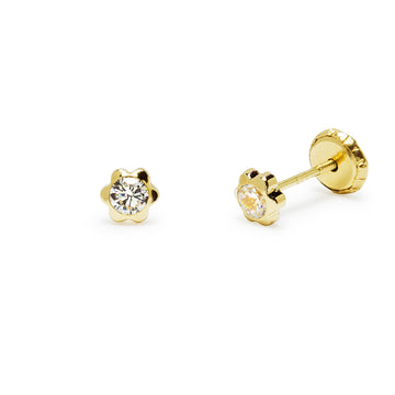 Pendientes Bebé Chatón Flor con Circonita Blanca 4x4mm en Oro Amarillo 9 Kilates