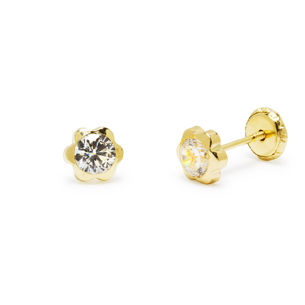 Pendientes Bebé Chatón Flor con Circonita Blanca 5x5mm en Oro Amarillo 9 Kilates
