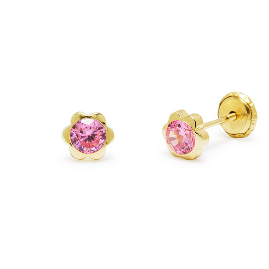 Pendientes Bebé Chatón Flor con Circonita Rosa 5x5mm en Oro Amarillo 9 Kilates