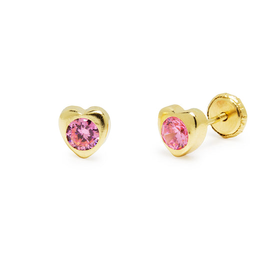 Pendientes Niña Corazón con Circonita Rosa Oro Amarillo 9 Kilates