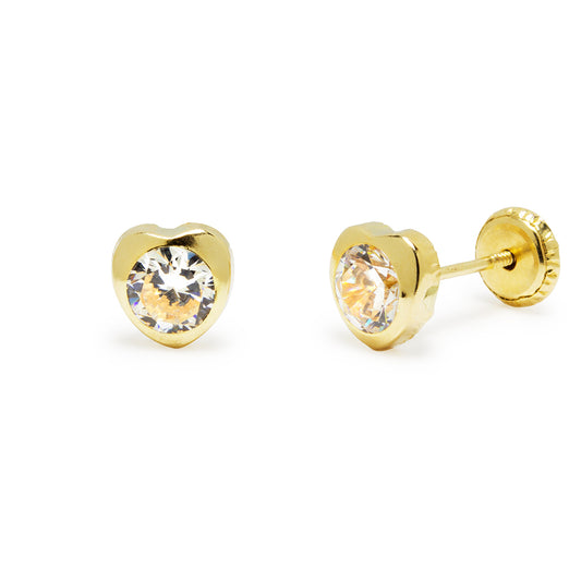 Pendientes Bebé Corazón con Circonita Blanca en Oro Amarillo 9 Kilates