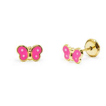 Pendientes Niña Mariposa Rosa en Oro Amarillo 9 Kilates