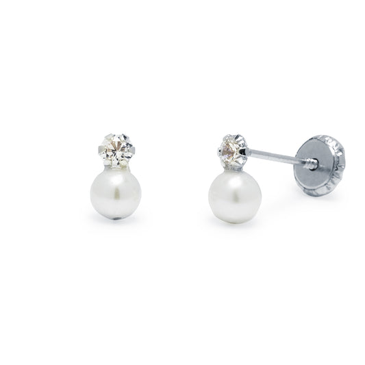 Pendientes Bebé/Niña Tú y Yo Perla y Circonita en Oro Blanco 9 Kilates