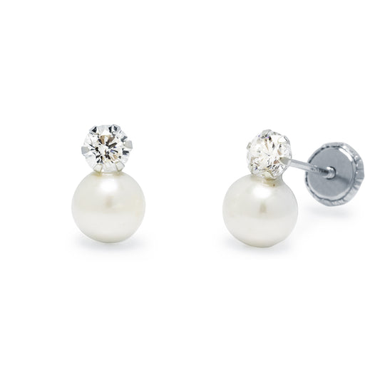 Pendientes Niña Tú y Yo Perla y Circonita en Oro Blanco 9 Kilates