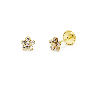 Pendientes Bebé Flor y 6 Circonitas en Oro Amarillo 9 Kilates