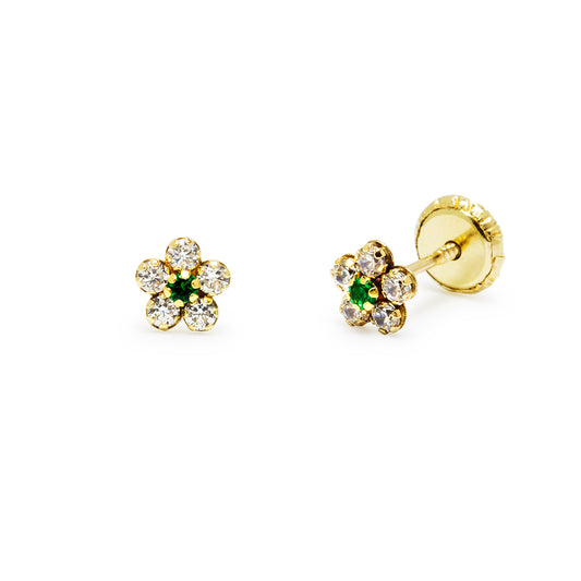 Pendientes Bebé Flor Verde y 6 Circonitas en Oro Amarillo 9 Kilates