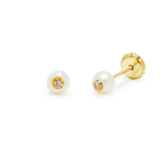 Pendientes Bebé Perla Circonita en Oro Amarillo 9 Kilates
