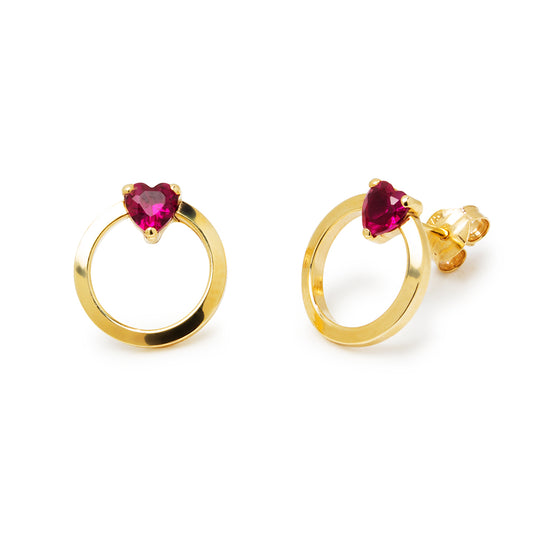 Pendientes Círculo con Circonita Corazón de Rubí en Oro Amarillo 9 Kilates