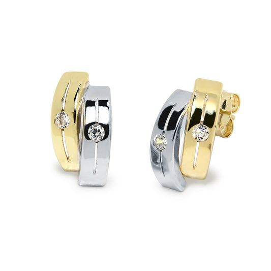 Pendientes 2 Bandas con Circonita en Oro Bicolor 9 Kilates