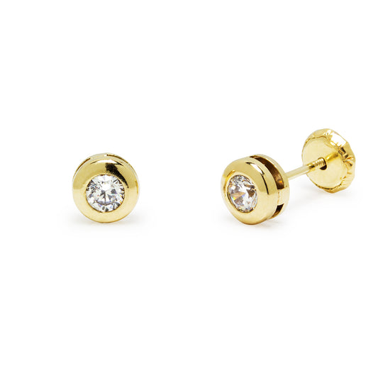 Pendientes Bebé Bisel (5x5) con Circonita en Oro Amarillo 9 Kilates