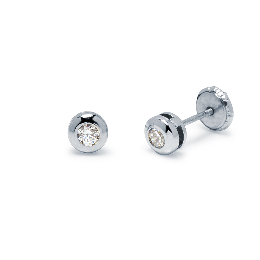 Pendientes Bebé Bisel (4x4) con Circonita en Oro Blanco 9 Kilates