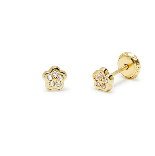 Pendientes Bebé/Niña Flor con mini Circonitas 5x5mm en Oro Amarillo 9 Kilates