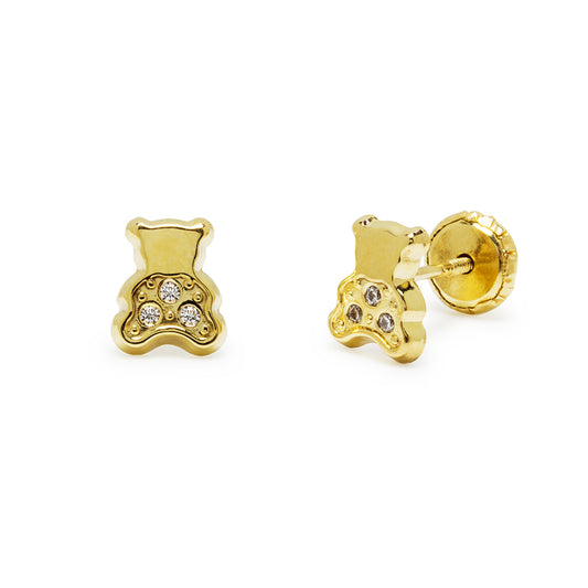 Pendientes Niña Oso con 3 Circonita en Oro Amarillo 9 Kilates