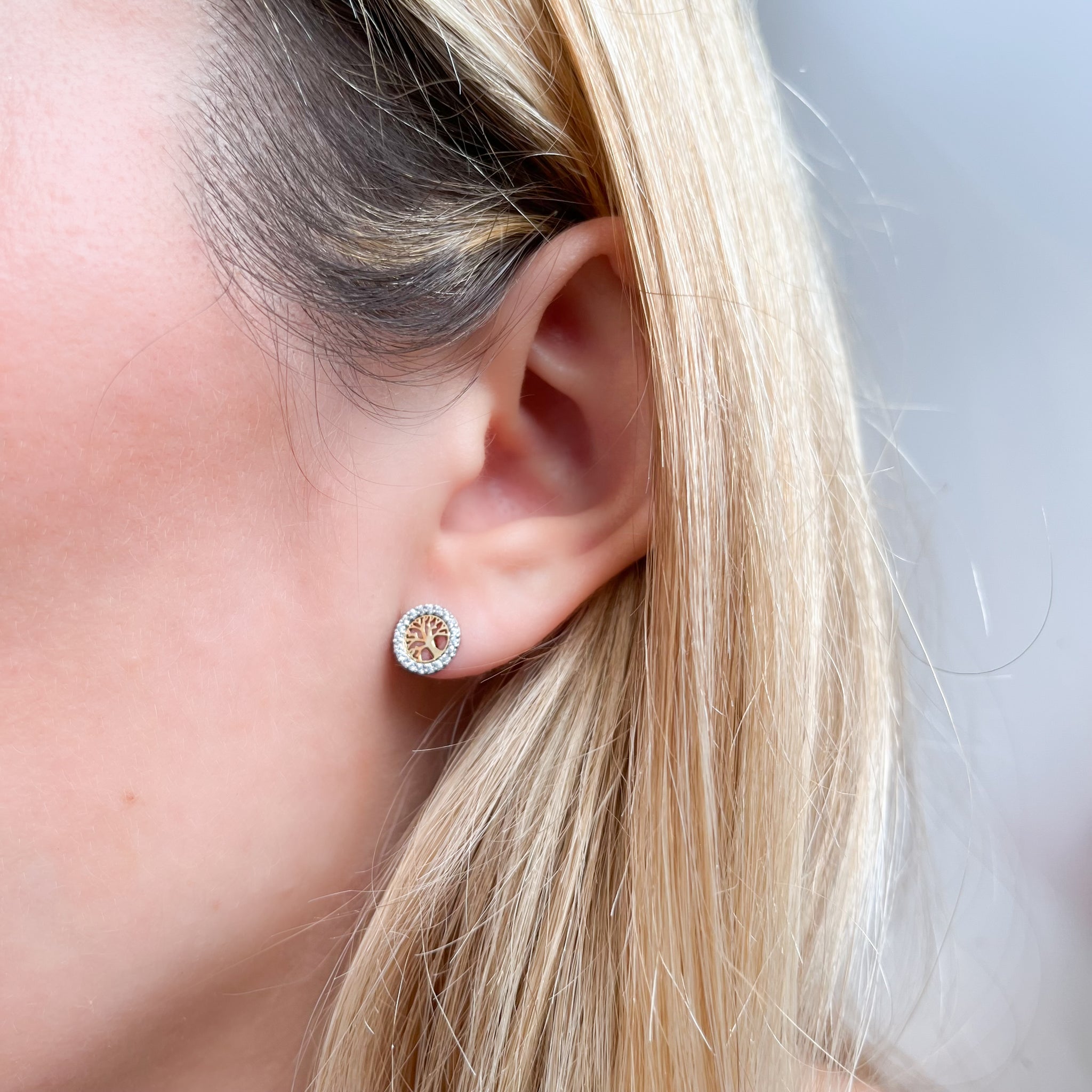 Pendientes Árbol de la Vida con Circonitas en Oro Bicolor 18 Kilates