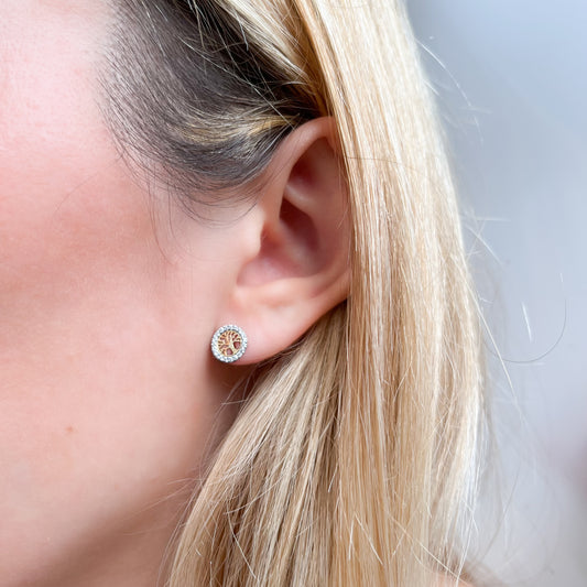 Pendientes Árbol de la Vida con Circonitas en Oro Bicolor 18 Kilates