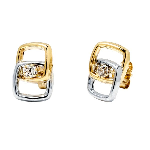 Pendientes 2 Cuadrados con Circonita en Oro Bicolor 9 Kilates