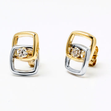 Pendientes 2 Cuadrados con Circonita en Oro Bicolor 9 Kilates