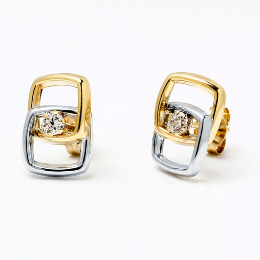 Pendientes 2 Cuadrados con Circonita en Oro Bicolor 9 Kilates