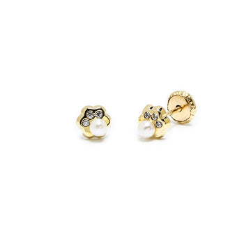 Pendientes Niña Margarita con Perla y Circonitas en Oro Amarillo 9 Kilates