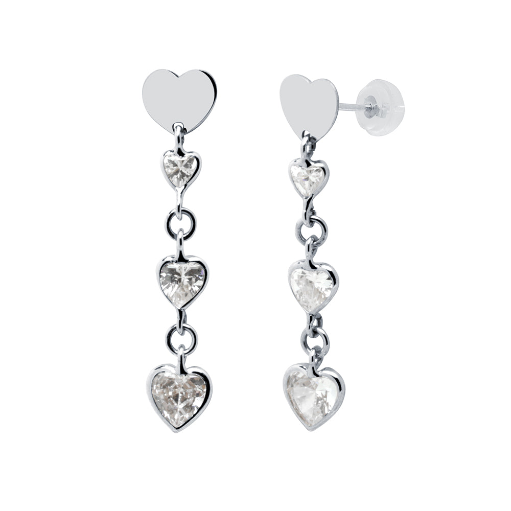 Pendientes Largos con Corazones y Circonitas en Oro Blanco 9 Kilates