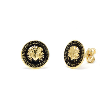 Pendientes Medusa 10x10 en Oro Amarillo 9 Kilates y Ónix