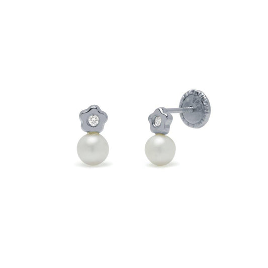 Pendientes Bebé/Niña Tú y Yo Perla y Flor con Diamantes 0,026 quilates en Oro Blanco 18 Kilates