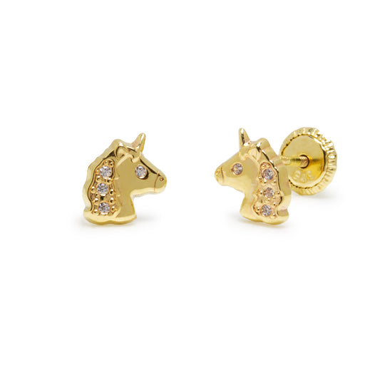 Pendientes Niña Unicornio con mini Circonitas en Oro Amarillo 9 Kilates